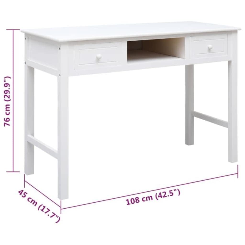 Biurko białe z litego drewna paulownia, 108 x 45 x 76 cm, z 2 szufladami i otwartą półką, biurko komputerowe do biura, biura domowego, gabinetu, wszechstronnego stołu roboczego do prac