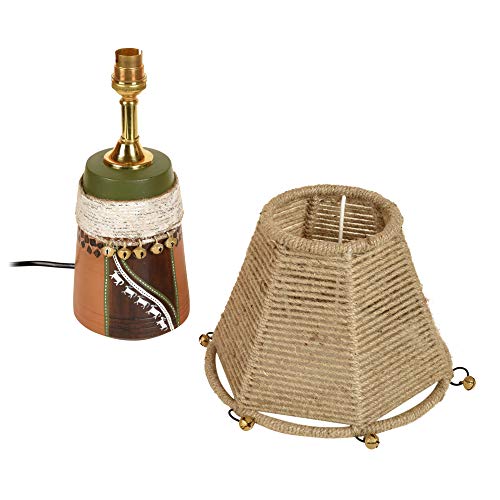 Image of AAKRITI ART CREATIONS Terracotta Table Lamp for Study Room, Bedroom & Living Room Decoration | Kalamkari Handwoven Tribal Pattern Bedside Lamp with Jute Fabric Shade | Aesthetic Night Lamp