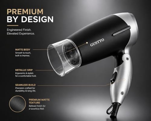 Image of GUSTTO Foldable Hair Dryer 1100W | Compact Travel-Friendly Hair Dryer with Foldable Handle, Hanging Ring, 2 Heat & Speed Settings, Lightweight & Portable (Satin Black), BIS Certified