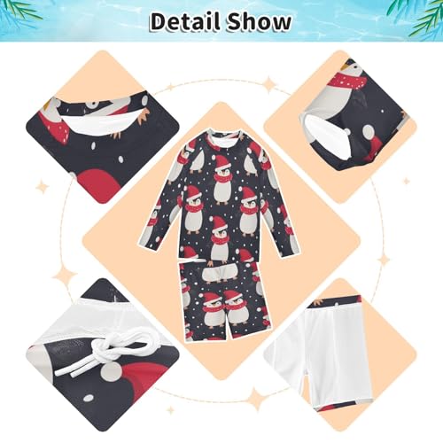 Merry Christmas Penguin Snow Boys Swimsuit Rash Guard Toddler Kids Long Sleeve Swim Shirt and Trunks Swimwear Set 3-10Y3