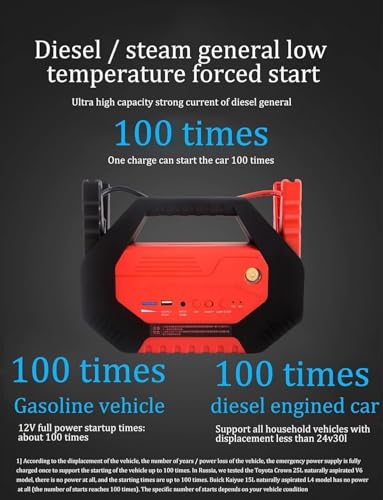 Arrancador de Coche de 12 V/24 V, súper Seguro, con luz de Emergencia y Banco de energía. Funciona en temperaturas extremas de -20 °C a 60 °C. Ideal para Coches, Camiones y Furgonetas.