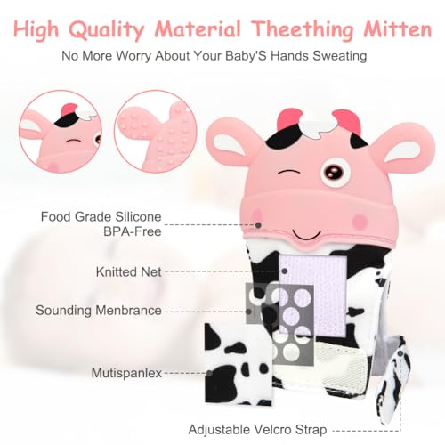 Image of 2Pack Silicone Teething Mitt, Cow Baby Teething Toy for 0-6 6-12 Months, Food Grade Silicone Infant Teething Mitten, BPA-Free Baby Chew Toys for Pain Relief, Sucking Needs