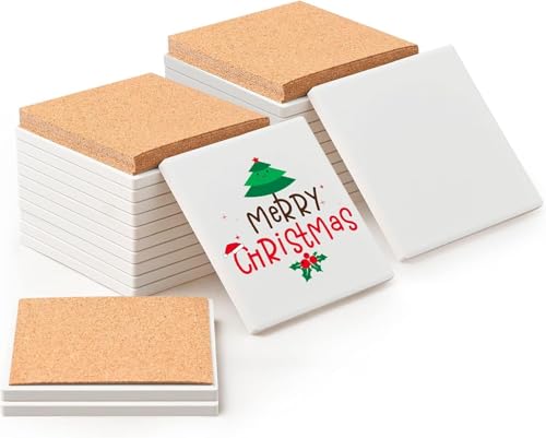 24 Stück Quadratische Weiße Keramik Untersetzer, 10 x 10cm DIY Bastel Untersetzer Set, Rohlinge Keramikfliesen unglasiert mit Korkunterlage, Alkoholtinte, Acryl Pouring, Mosaike, Malprojekte