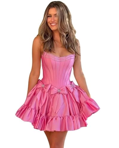 Off Shoulder Satin Homecoming Dresses for Teens Short A Line Strapless Ruffle Cocktail Party Dresses with Bow