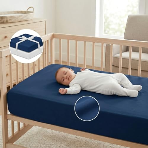 Image of Everyday Kids 2-Pack Fitted Crib Sheets, 100% Soft Breathable Microfiber Baby Sheet, Fits Standard Size Crib Mattress 28in x 52in, White Nursery Sheet and Navy Nursery Sheet