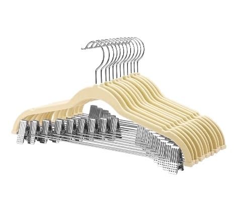 Cintres à clips velours beige antidérapants et ultra fins pour jupes