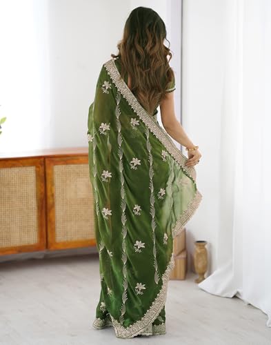 Image of SIRIL Women's Chiffon Scalloped Border Sequins Embroidery Saree with Unstitched Blouse Piece