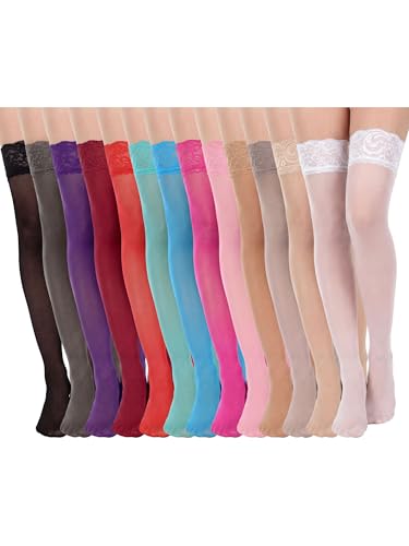 Image of Geyoga Women's Lace Thigh High Stockings over The Knee Stockings for Women Sheer Thigh High with Lace Top