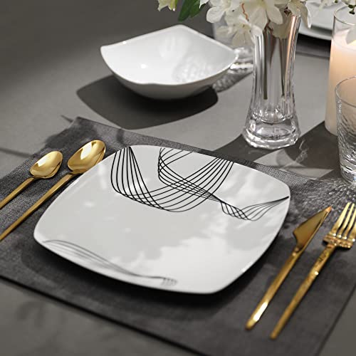 Square Porcelain Dinnerware Sets For 6, 18-Piece Ceramic Plates And Bowls Set, Kitchen Dinnerware Set With Simple Lines, Dishwasher Safe, Microwave Safe (Line Spectrum) #TOP3