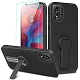 Motorola Moto G24/E14/G04/G04s Case with Glass Screen Protector, 360 Rotatable Folding Kickstand, Silicone TPU Protective Cover - Black