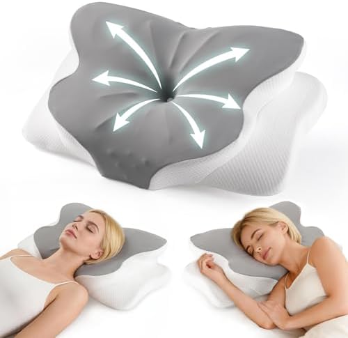 Mustry Cervical Neck Pillow, Cervical Pillow for Neck Pain Relief with Breathable Ice Silk Pillowcase, 2 Heights Ergonomic Memory Foam Pillow for Side Back Stomach Sleepers