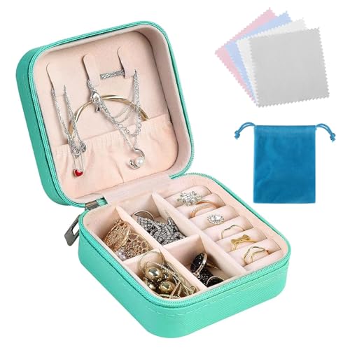QUIIEOSKIA Schmuck Organizer für die Reise - Kleines Schmuckkästchen, Schmuckschatulle für Ringe, Armbänder, Ohrringe und Halsketten - Schmuckaufbewahrung in Grün.