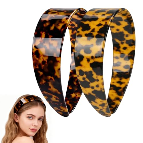 2Pcs Thick Tortoise Shell Headband with Teeth for Women 1.5in No Slip Versatile Wide Acetate Retro Plastic Headbands Fashion Style Unique for Daily Use (Dark Tortoiseshell+Yellowish Tortoiseshell)