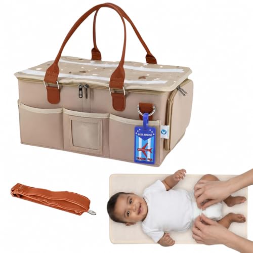 Image of OCEANEVO Cute Diaper Caddy Organizer Bag WITH Lid, Changing Mat & Luggage Tag | New Born Baby Essentials Storage Basket with Compartments and Removable Shoulder Strap | 40 x 27 x 19 Cm - Beige