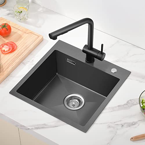 Auralum Fregadero Cocina 1 Seno 45 x 45 cm, Fregadero Cocina Negro Grisáceo de Acero Inoxidable, Fregadero Sobre Encimera, Fregaderos Cuatrados con Tapón y Sifón