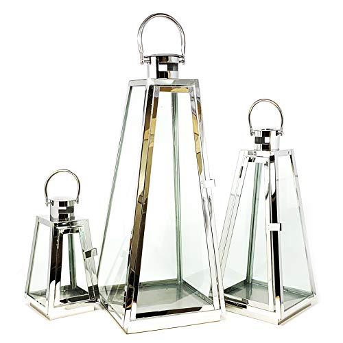 Image of Allgala 3-PC Lantern Set 24 Inch Jumbo Deluxe Modern Indoor /Outdoor Candle Lantern Set Silver Chrome Stainless Steel Tapered Trapezoid Frame with Tempered Glass for Garden Patio Fireplace Wedding