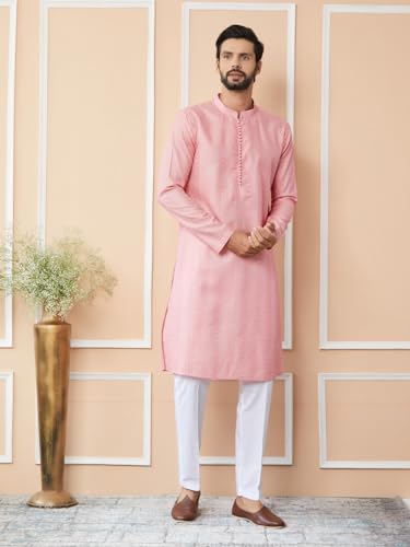 Image of See Designs Men's Long Sleeve Mandarin Collar Side Slit Embroidered Thread Work Sequinned Chanderi Silk Straight Kurta with Pyjama
