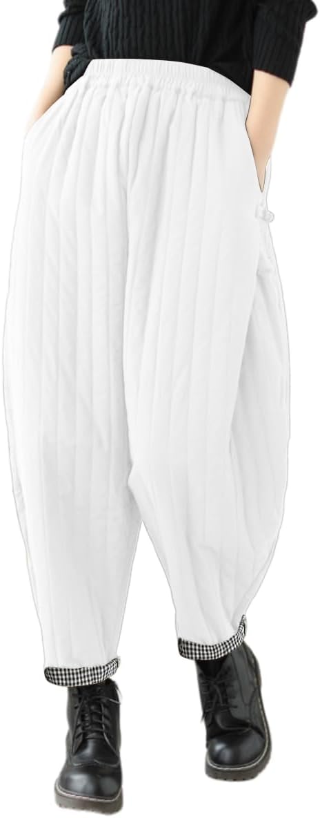 WROLEM Women Winter Warm Down Cotton Pants Thicker Padded Quilted Pants Relaxed Fit Wide Leg Trousers with Pockets