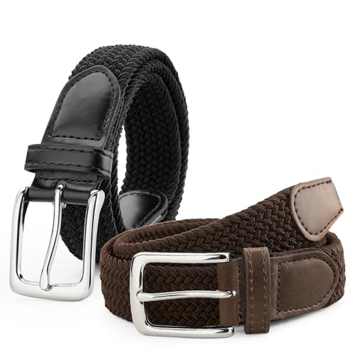 LEACOOLKEY Kids 2 Pack Elastic Braided Belts Stretch Golf Baseball Belts for Boys and Girls Aged 3-12 Years