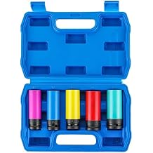 5PCS 1/2" Drive Impact Lug Nut Socket Set | 15 17 19 21 22 mm Wheel Protector Impact Socket Set Non-Marring Thin Wall Socket for Effortless Removal of Lug Nuts with Colored Protective Sleeve
