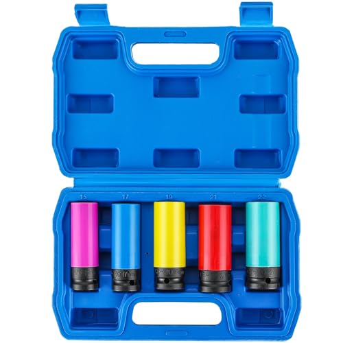 weyleity 5PCS 1-2 Drive Impact Lug Nut Socket Set - 15 17 19 21 22 mm Wheel Protector Impact Socket Set Non-Marring Thin Wall Socket for Effortless Removal of Lug Nuts with Colored Protective Sleeve