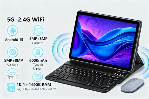 Image of 10.1 Inch Android 15 Tablet with Gemini AI, 18GB RAM 128GB ROM (1TB Expandable), Octa-Core Processor, 1280x800 IPS HD Display, 6000mAh Battery, WiFi 6, Dual 5MP /8MP Camera, Widevine L1, Black