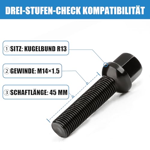 20 przedłużonych śrub do kół, bolce do poszerzeń kół I M14 x 1,5 x 45 mm I ściągacz kulkowy R13 SW 17 mm I kompatybilne z większością Audi Volkswagen (czarne)