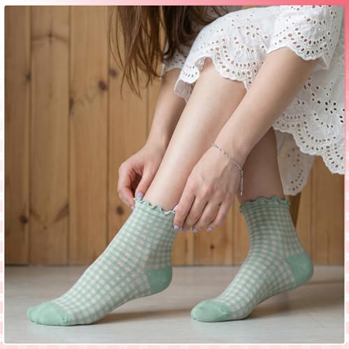 Image of 6 Pairs Women Ruffle Striped Frilly Socks, Cute Checkered Ankle Sock for Women Cotton Knit Casual Crew Socks