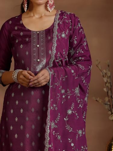 Image of Libas Womens Woven Design Silk Blend Straight Kurta With Trousers and Dupatta | daily wear suit