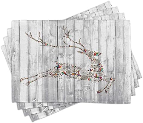 ABAKUHAUS Deer Place Mats Set of 4, Xmas Animal Rustic, Washable Fabric Placemats for Dining Room Kitchen Table Decor, Grey Multicolor