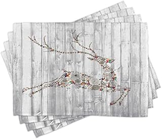 ABAKUHAUS Deer Place Mats Set of 4, Xmas Animal Rustic, Washable Fabric Placemats for Dining Room Kitchen Table Decor, Grey Multicolor