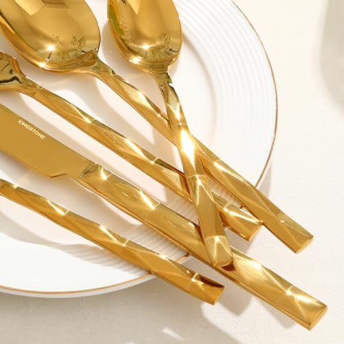 Image of KINGSTONE Gold Silverware Set, Luxury 20 Piece Flatware Set for 4, 18 /10 Stainless Steel Cutlery Set with Diamond Cut Pattern for Kitchen, Home, Wedding, Party, Mirror Polished and Dishwasher Safe