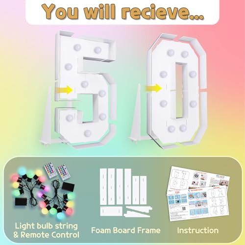 Image of Imprsv Colorful 4FT Marquee Numbers Light up Numbers 50 Birthday Decoration | RGB with Remote, Party Decorations Anniversary Wedding Decorations Assembly Required Foam Board 42 Pcs Accessory Set