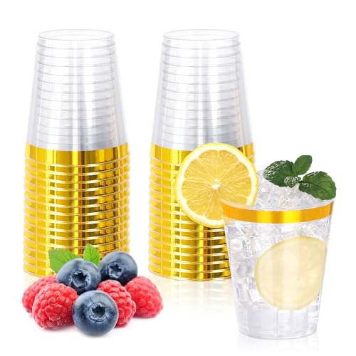 Image of 30 Pcs 10oz Gold Plastic Cups,Clear Plastic Cups with Gold Rimmed,Gold Rim Clear Disposable Plasitc Cocktail Tumblers Wine Cup for Party,Wedding,Birthday,Christmas