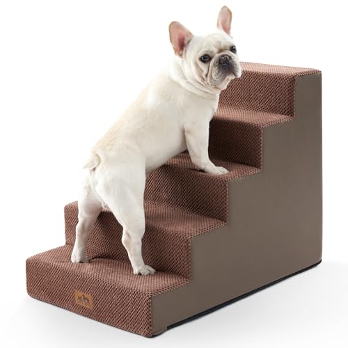 Image of COZY KISS Dog Stairs for Small Dogs 5-Step, 19.7 inch Extra Wide Right-Angle Pet Stairs for Couch and Beds, Anti-Slip Dog Steps for Old Cats and Lowrider, 19.7x29.5x23.6 inch, Brown