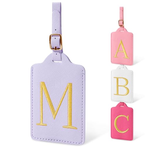 Image of Personalized Initial Luggage Tags for Suitcases, Cute PU Leather Embroidered Letter Travel Luggage Tags, Suitcase Identifier Name Baggage Tag, Bag Tags for Men Women Kids Luggage Handbags(Purple M)
