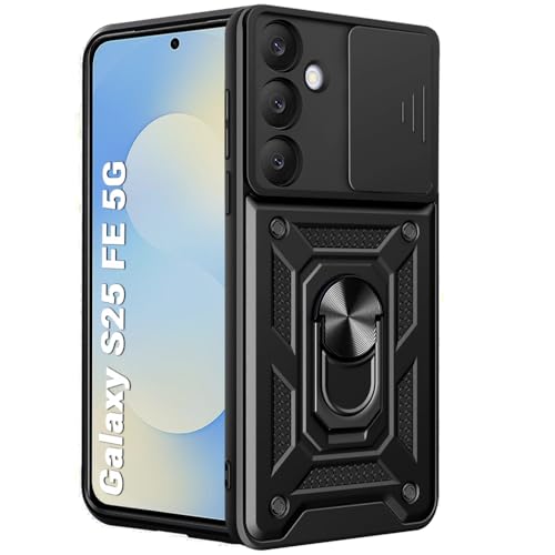 Image of TheGiftKart Tough Armor Bumper Back Cover Case for Samsung Galaxy S25 FE 5G | Sliding Camera Cover, KickStand & Ring Holder | 360 Degree Protection Back Cover Case for Samsung S25 FE (PC & TPU, Black)