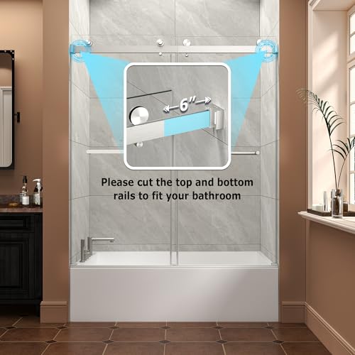 GDFStudio 55"-60" W x 60" H Frameless Sliding Shower Door for Bathtub, 5/16" Tempered Glass Shower Door with Nano Explosion-Proof Film, Reversible Double Enclosure Doors, Easy Install, Brushed Nickel by GDFStudio - Used condition - Image 5