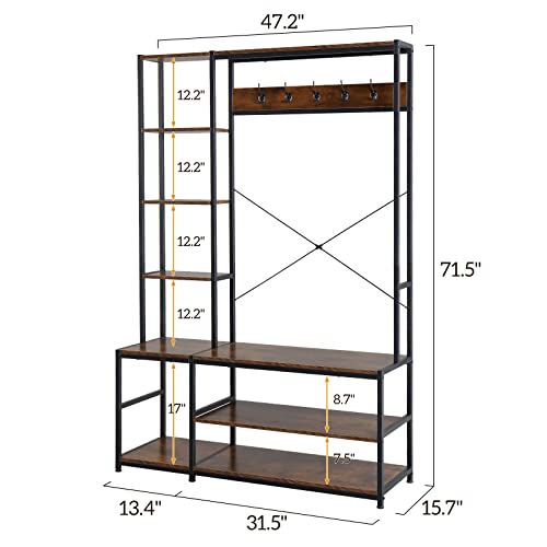 Karl Home 4-In-1 Hall Tree With Storage Bench, 71.5" H Entryway Shelf With Coat Rack Freestanding Clothes Shoe Stand, Retro Clothing Shelves With 5 Hooks For Bedroom Mudroom Entry Way #TOP3