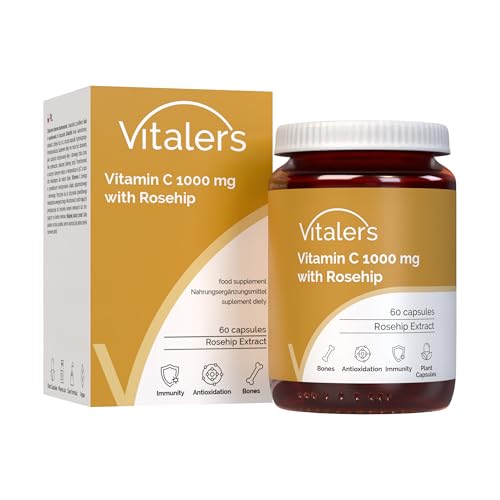 Vitaler's Vitamin C mit Hagebutte 1000 mg - 60 Kapseln, Vegan, 2 Monate Nahrungsergänzung, ohne Konservierungsstoffe, reine Zusammensetzung