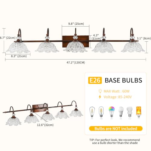 Image of 5-Light Antique Red Bronze Finish Bathroom Vanity Light, Vintage Vanity Light with Floral Clear Glass Shades, Retro Wall Mount Lighting for Bathroom, Dressing Table