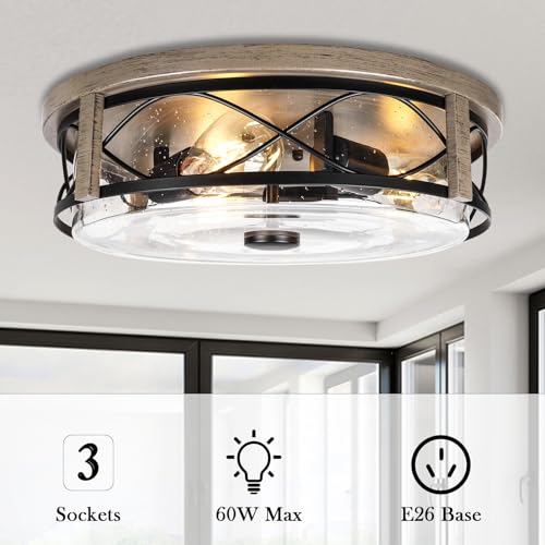 16 Inch Farmhouse Flush Mount Ceiling Light With Seeded Glass, 3-Light Wood Grain Round Lamp, Modern Large Indoor Outdoor Lighting for Kitchen Bedroom Living Dining Room by Rosient - Image 4