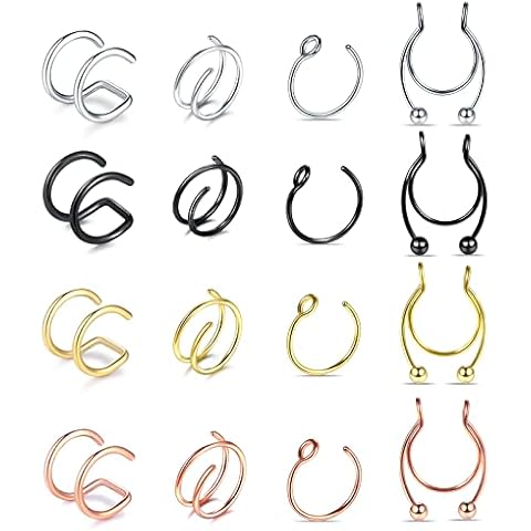 ChiMunllin 16PCS Faux Nose Septum Fake Nose Rings Fake Nose Piercing Studs Rings Stainless Steel Faux Nose Hoop Rings Non Piercing Jewelry for Women Menn Cover