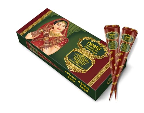 Henna Cones 4er Pack – Natürliche Mehndi Paste für Hochzeit, Henna-Abend & temporäre Tattoos – Chemiefrei, einfache Anwendung, rötlich-braune Farbe – Neeta Henna Cones 4er Pack – Natürliche Mehndi Paste für Hochzeit, Henna-Abend & temporäre Tattoos – Chemiefrei, einfache Anwendung, rötlich-braune Farbe – Neeta