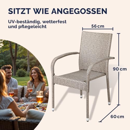 Miniatura 2 de Casaria Set 8x Sillas Jardín Poliratán Apilables 160kg Asiento Ergonómico Reposabrazos Resistente Intemperie Interior Exterior Terraza Balcón Crema