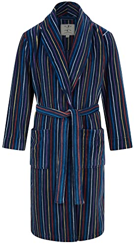 John Christian Men's Warm Fleece Robe, Navy with Multicolored Stripes