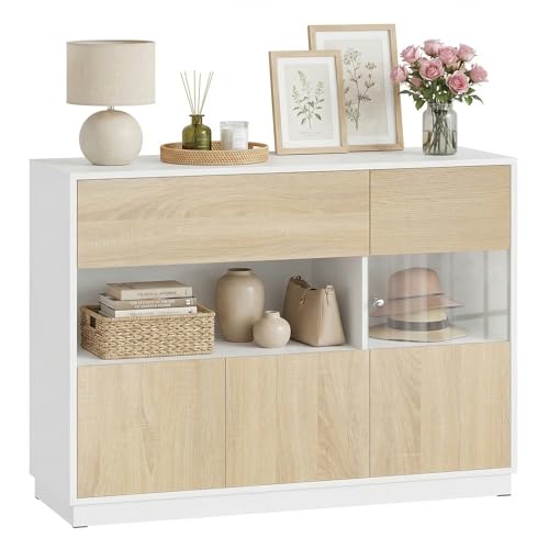 WOLTU Sideboard mit Schublade, Kommode mit Türen & Stauraum, Aufbewahrungsschrank aus Holzwerkstoff, für Wohnzimmer Schlafzimmer Flur, 100 x 80 x 40 cm, Helle Eiche + Weiß