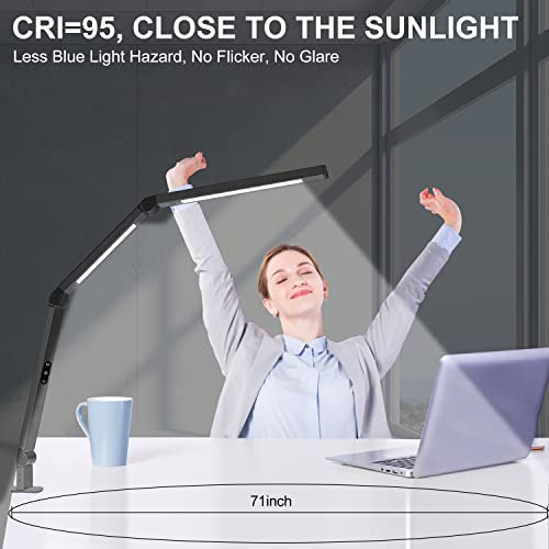 Image of LED Desk Lamp with Clamp, Architect Desk Lamp for Home Office with Remote Control, Swing Arm Clamp on Computer Light, Clip-on Eye-Care Adjustable 5 Brightness Levels Table Light for Working Drafting