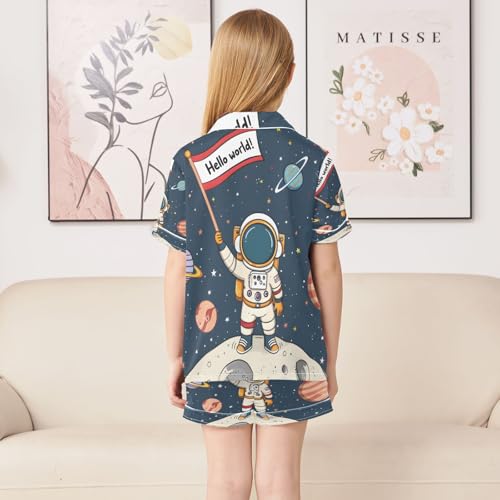 ALAZA Solar System Astronaut Planet Hello World Satin Pajamas Set Short Sleeve Button Down Sleepwear Summer Pjs 2 Piece4