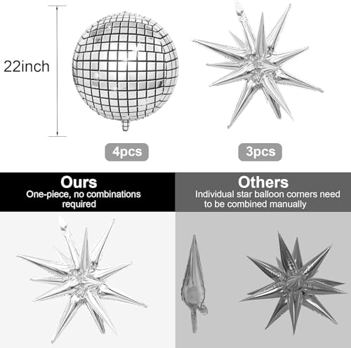 Image of 7 pcs 22Inch Silver Disco Ball Ballons, 4D Large Foil Balloons with Metallic Star for 70s Disco Dance Birthday Graduation New Year (Silver Star /Disco Ball 7pcs)